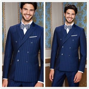 Kruvaze Mavi şeritler Damat Smokin tepe Yaka erkek takım elbise 2 parça düğün/balo / akşam Blazer (ceket + pantolon + kravat) W805
