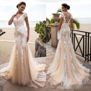 Modest Champagne A Line Wedding Dresses Embroidery Sweep Train Lace Applique Covered Buttons Sheer Neck Custom Made Beach Wedding Gowns