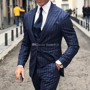 High Quality One Button Blue Strips Groom Tuxedos Peak Lapel Men Suits 3 pieces Wedding/Prom/Dinner Blazer (Jacket+Pants+Vest+Tie) W511