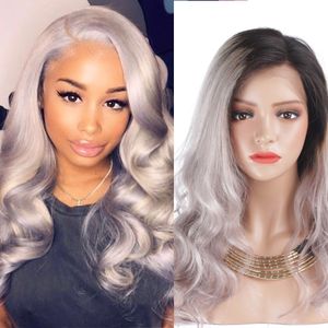 Pełna Koronkowa Ludzki Włosy Peruki Lace Front Human Hair Wig Ombre T1B / Gray # Kolor Falisty Strona Część 130% Peruka gęstości