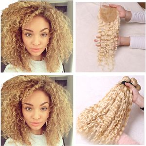 Virgin Brazilian Bleach Blonde Water Wave Human Hair 3Pcs Bundles with Closure Wet and Wavy #613 Blonde Hair Wefts with 4x4 Lace Closure