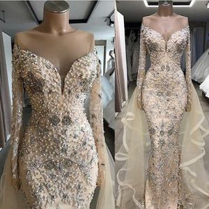 Luxury Mermaid Prom Dresses Long Sleeve Sheer Neck Pearls Beads Lace Evening Gowns With Detachable Train Dubai Arabic Abendkleider