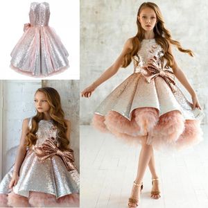 Shiny Sequins Flower Girls Dresses With Bow Feathers Appliques Tulle Tiered TuTu Girls Pageant Gowns Gorgeous Puffy Kids Prom Dress