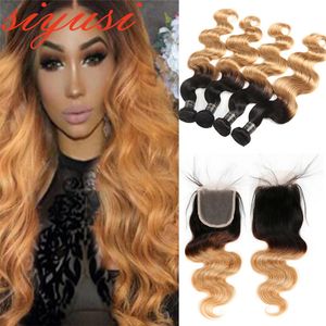 1B/27 Peruvian Virgin hair Body Wave With Lace Closure Ombre Hair Bundles With Closure Cheap 100% Human Hair Weaves With Closure