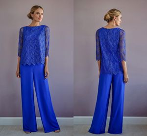 Royal Blue 2 Piece mãe Suit Pant dos vestidos de noiva 2020 Lace festa do casamento do noivo 3/4 manga comprida vestidos de noite Mulheres