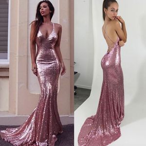 Seksowne Spaghetti Mermaid Prom Dresses 2019 Pasek Backless Długie Różowe Suknie Party Sparkly Cekiny Suknia Wieczorowa