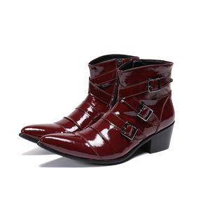 Men Pointed Ankle Toe Red Genuine Increase Height Club Party Buckle Motorcycle Military Leather Boots Botas 3035