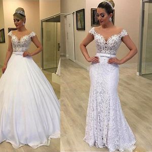 Najnowsze Suknie Ślubne Syrenki Zdejmowane Spaghetti Bez Rękawów Tulle Koronki Aplikacja Sash Suknie Ślubne Długość Robe de Mariée