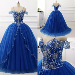 Blue Spaghetti Paski Balowa Suknia Balowa Prom Dress Princess Zroszony Puffy Tulle Quinceanera Suknie Lace Up Elegant Sweet 16 Dresses 2019 Plus Size