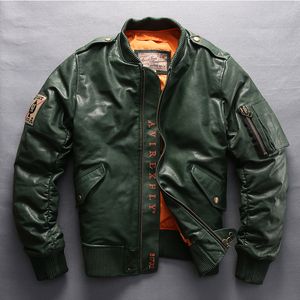 AVIREX 2019 Men's Genuine Leather Down Coat Vintage Sheepskin Jacket Section Casual Coat Motorcycle Biker Jacket Plus Size