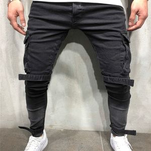 Джинсовые джинсы в стиле пэчворк, мужские брюки-карандаш, облегающие байкерские джинсы скинни, повседневные джоггеры с большим боковым карманом в стиле хип-хоп, черные брюки-карго