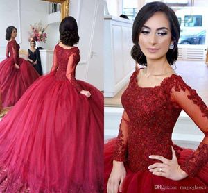 New Dark Red Puffy Ball Gown Quinceanera Dresses Scoop Neck Long Sleeves Lace Applique Beaded Sweet 15 Party Prom Pageant Evening Gowns