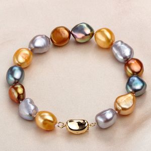 Fashion Multi Color Natural Baroque Pearl Bracelet Gold Color Jewelry 9-10mm Real Freshwater Pearl Bracelets For Women J190707