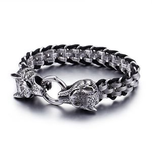 Punk Rock Man Bike Chain Viking Wolf Armband Smycken 316L Rostfritt stål med äkta läderarmband Män Cool Double Wolf Head Animal Armbanden