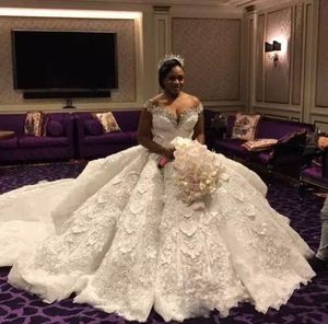 2019 Gorgeous African Plus Size Wedding Dresses Major Beading Off The Shoulder Lace Wedding Dress With Sheer Back Modest Bridal Gowns