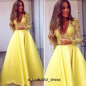 Elegant Yellow Dubai Abaya Long Sleeves Evening Gowns Plunging V neck Lace Dresses Evening Wear Zuhair Murad Prom Party Dresses ED1294