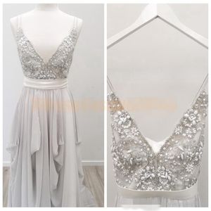 Kleider Perlen Beach Perlen Rüschen Sweep -Zug Chiffon Rückenlose Gurte Boho Hochzeitskleid Vestido de Novia