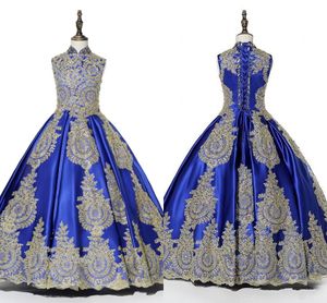 2019 Modest Royal Blue Gold Lace Applique Girls Pageant Dresses Ruched Lace-up Chinese Style Flower Girl Dress Communion First Holy Gowns