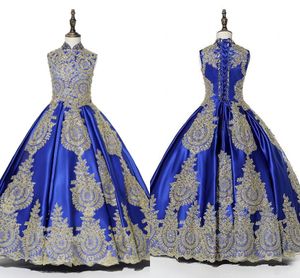 2019 Skromny Royal Blue Gold Lace Aplikacja Girls Pagewe Suknie Ruched Lace-Up Chiński styl Kwiat Girl Dress Communion Pierwsze Suknie Święte