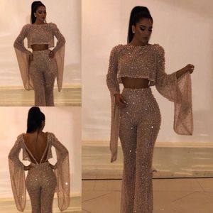 2019 sparkly sequined två bitar byxa kostym prom klänningar mantel långärmad plus storlek formella klänningar fest kvällsklänningar skräddarsydda bc0240