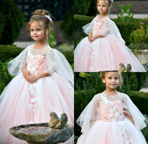 Pink Flower Girl Dresses Jewel Neck Lace Appliqued Crystal Ball Gown Girls Pageant Dress With Free Petticoat Kids Formal Gowns