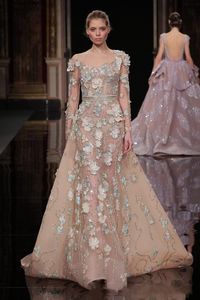 Sexy Ziad Nakad Prom Dresses Beaded D Floral Applique Sash Long Sleeve Evening Gown Sweep Train Sheer Jewel Neck Formal Dress Party Wear