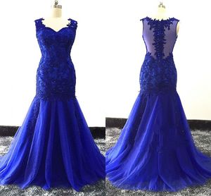 Royal Blue Plus Size Prom Dresses Mermaid Style 恋人キャップスリーブアップリケスパンコールビーズイブニングガウンフォーマルドレスパーティー