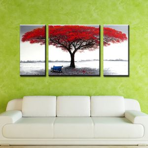 Yhhp dipinto a olio dipinto a mano astratto albero rosso 3 pezzi/set arte da parete con cornice allungata pronta da appendere