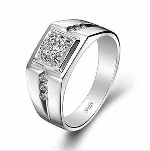 Luxury 100％925 Sterling Silver 6MM 1CT CZ Engagement Rings Lover's Men Wedding Ringsシミュレーションプラチナダイヤモンドサイズ7-11