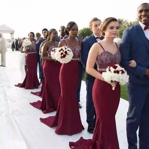 Burgundy Long Mermaid Bridesmaid Dresses 2020 Spaghetti Straps Lace Maid Of Honor Gowns Wedding Guest Dress