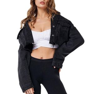 Мода женская с длинным рукавом короткая джинсовая куртка сплошной поворотный воротник Chaquea Mujer дамы повседневная куртка пиджак в джинсы пальто