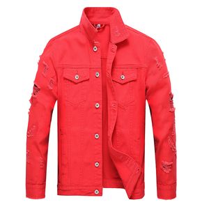 Ny röd / svart / vit / rosa rippad denim jeans jackor hip hop streetwear hål casual mode män kvinnor bekymrad solid kappa 3xl