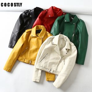 Gröna läderjackor Kvinnor Moto Bomber Faux Läderbikerjacka Zip Coats Belt Chaqueta Jack Jaqueta Couro Blouson Cuir Femme