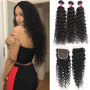 water curly wavy 10 12 14+10 closure, Malaysian Water Wave Wet and Wavy Human Hair Extensions 3 Bundles With Closure ocean wave weave hair