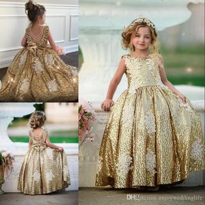 Ankunft Schöne neue Gold -Pailletten -Champagner -Ballkleid Blumenmädchen Kleider Spitze Applikat Rückenfrei mit Bogenperlen Perlen Kinder Prom Kleid