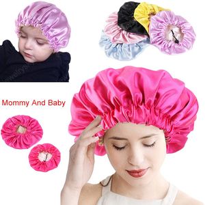 Мамочка и ребенок 2pcs Набор Satin Bonnet для кудрявых волос Double Layer Silky Night Sleep Cap Родители и дети Hat Cap для укладки волос