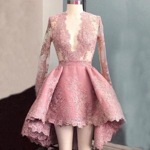 short hilo pink homecoming dress long sleeves illusion lace deep v neck formal party gowns graduation dress