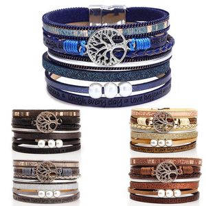 Multicamadas de couro wrap pulseira artesanal Pulseiras Bangle Bohemian Árvore da Vida Pulseiras com Magnetic Buckle Mulheres Jóias