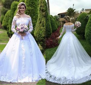 New Arabic Vintage Cheap A Line Bröllop Klänningar Av Skulder Applikationer Lace Beaded Långärmade Sweep Train Illusion Formal Bridal Gowns