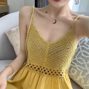 Casual Dresses Spring and Summer Women's Lace Knit Hollow Strap Dress Party Temperament Ladies Kjol Vit Gul