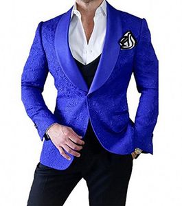 Royal Blue Embossing Groom Tuxedos Szal Lapel Groomsman Wedding 3 Piece Suit Men Business Prom Jacket Blazer (Kurtka + spodnie + krawat + kamizelka) 616