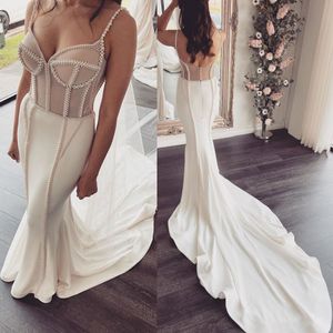 Mermaid Plus Size Wedding Dresses Sleeveless Spaghetti Covered Button Pearls Satin Bridal Gowns Sweep Train Robes De Mariée