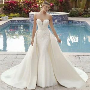 Beach Sexy Wedding Dresses Mermaid Sweetheart Lace Applique Satin Bridal Gowns With Detachable Train Custom Made Vestidos De Soiree