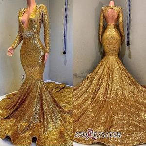 Bling Bling Gold Sequined Mermaid Evening Dresses Deep V Neck Långärmade Formella Klänningar Kväll Wear Special Occasion Dress Robes