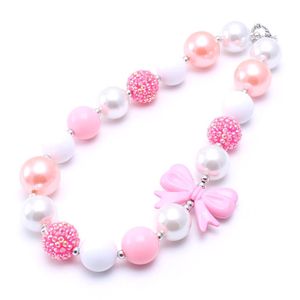 Pretty Pink Color Bow Kid Chunky Necklace Fashion DIY Made Bubblegum Bead Chunky Necklace Children Jewelry For Toddler Girls