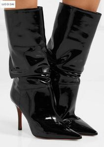 2019 نساء منتصف العجل أحذية جديدة رقيقة كعب الجوارب السوداء جلد النساء نصف أحذية السيدات براءات أحذية جلدية الانزلاق على