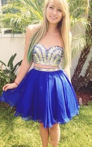 Royal Blue Two Pieces A-Line Prom Homecoming Klänningar Billiga Rhinestones Strapless Piping Backless Sweet Graduation Dress för 15 tjejer Z51