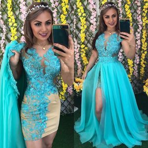 New Sheath Lace Prom Dresses 2020 Sheer Neck Long Evening Dresses Party Gown With Detachable Skirt272a