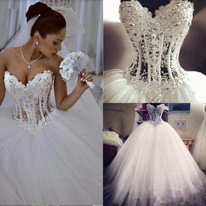 Corset Beaded Ball Gown Wedding Dresses Bling Sweetheart Pearls Puffy Tulle Bridal Gowns See Through Top Lace Up Country Wedding Dress 2019