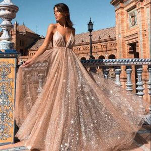 Sexy V Neck Backless Evening Dresses Sequins Elegant Stunning A Line Sweep Train Prom Dresses Women Party Long Gowns Free Shipping